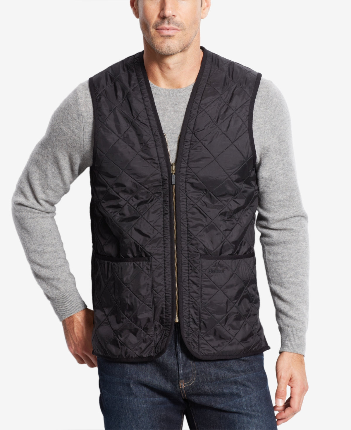 Colete Barbour Masculino Relaxed Fit com Zíper e Forro Preto Tamanho Grande