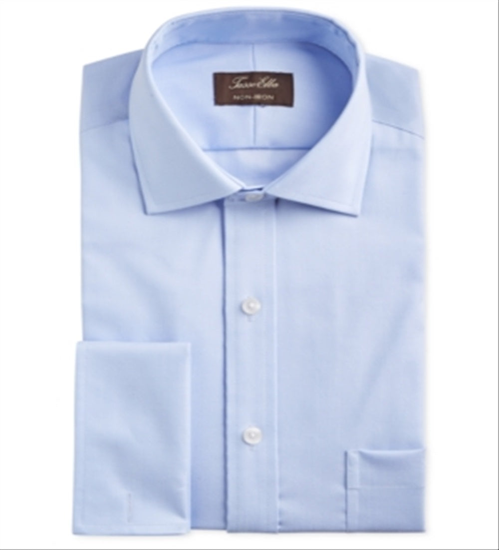 Camisa social masculina Tasso Elba Classic Regular Fit, sem ferro, Supima, algodão, espinha de peixe, lisa, punho francês, tamanho azul, 15x32x33