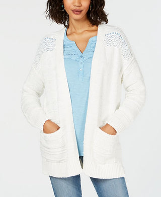 Cardigan de malha Pointelle com frente aberta para mulheres Style &amp; Co, tamanho X-G, branco