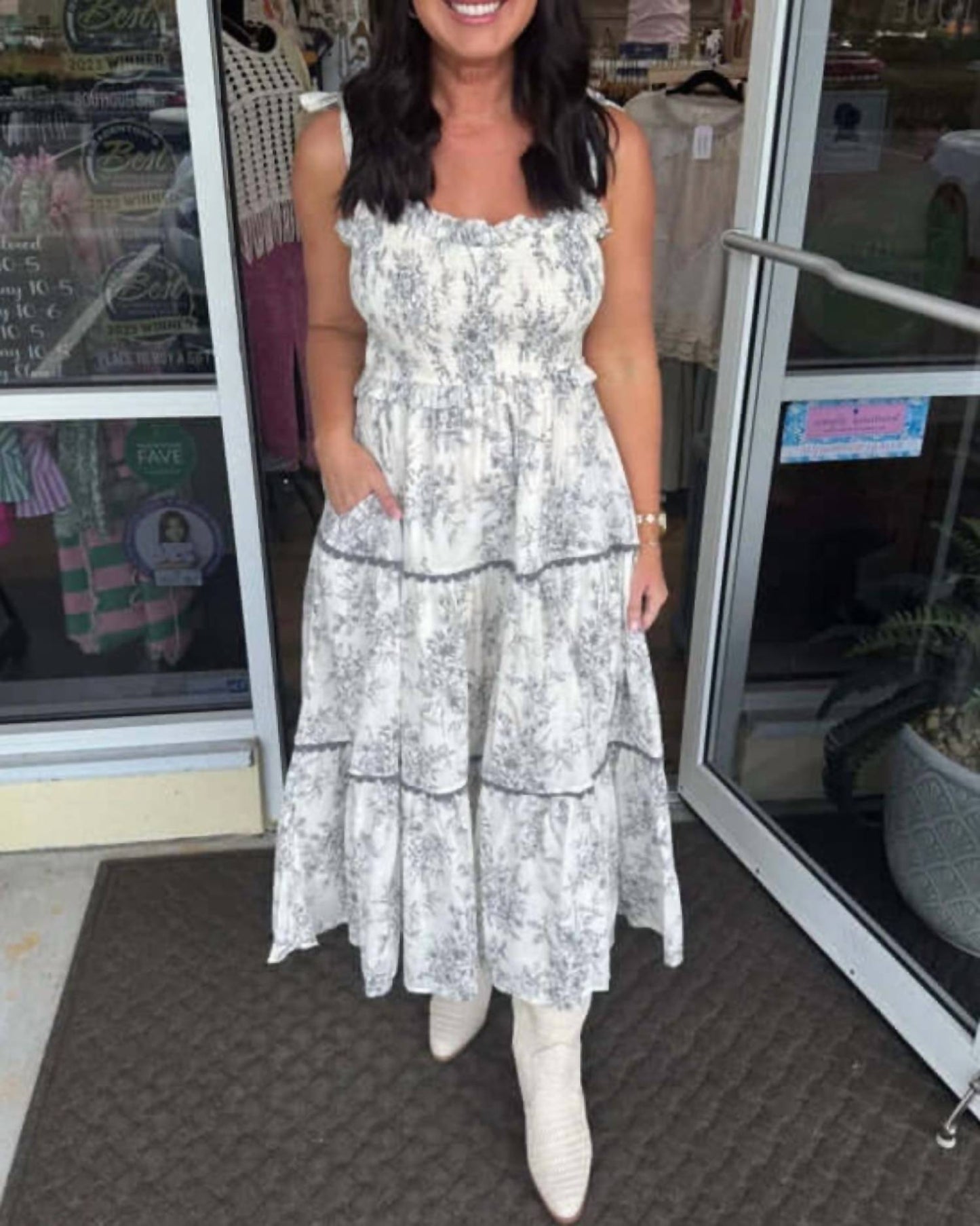 &Merci - Charcoal Toile Tie Shoulder Midi Dress