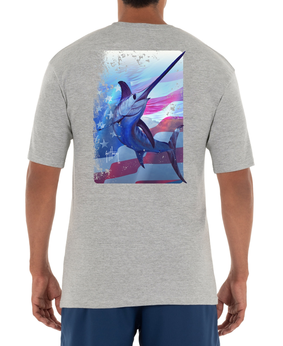 Camiseta masculina Guy Harvey Swords &amp; Stars com estampa gráfica, tamanho P, cinza