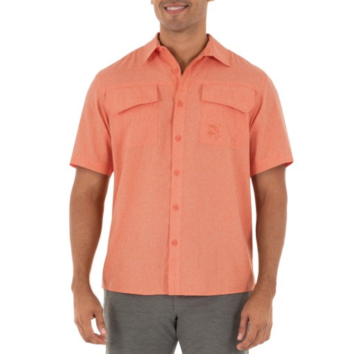 Camisa de pesca texturizada mesclada masculina Guy Harvey, laranja, tamanho médio