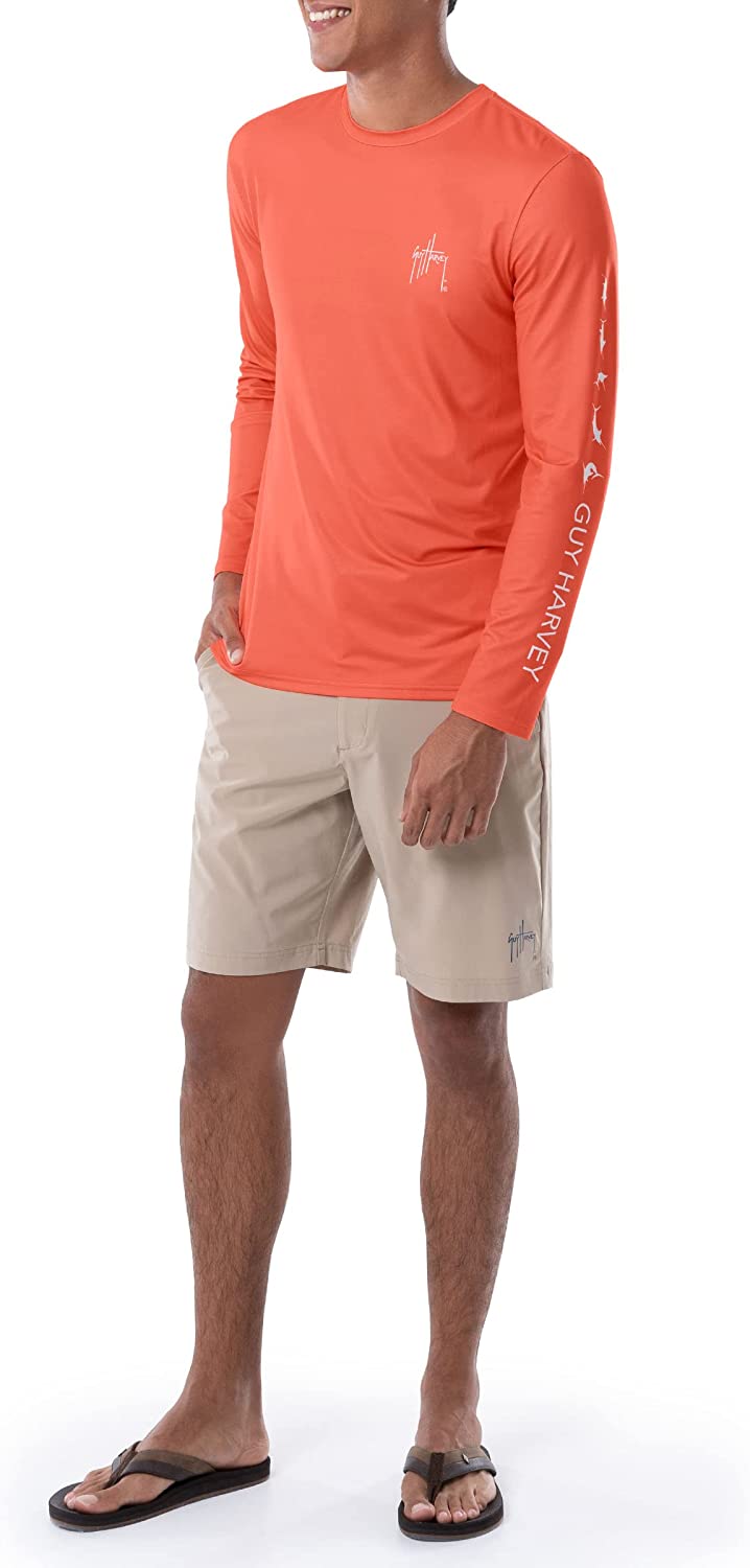 Camiseta masculina Guy Harvey Moisture Wicking Upf 50 com estampa de logotipo e manga comprida, laranja, tamanho grande