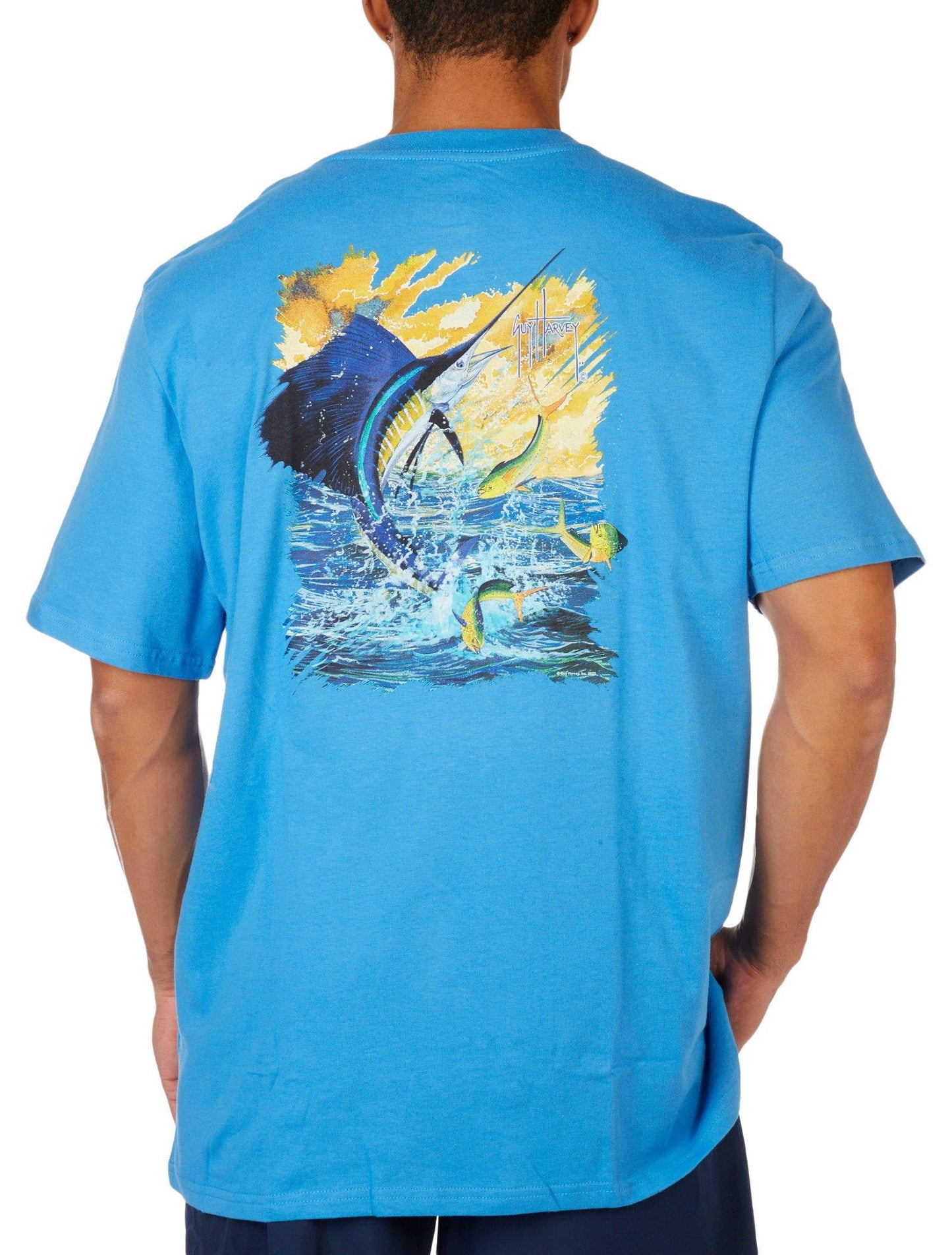 Camiseta masculina Guy Harvey com estampa de manga curta, azul, tamanho extragrande
