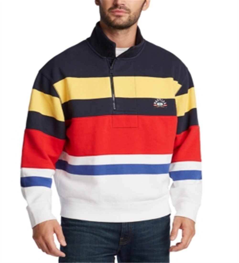 Moletom listrado masculino Nautica com gola alta e zíper de um quarto, azul, tamanho XX-G