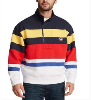 Moletom listrado masculino Nautica com gola alta e zíper de um quarto, azul, tamanho XX-G