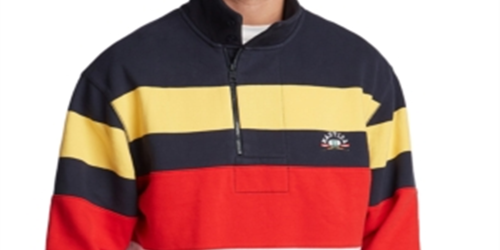 Moletom listrado masculino Nautica com gola alta e zíper de um quarto, azul, tamanho XX-G