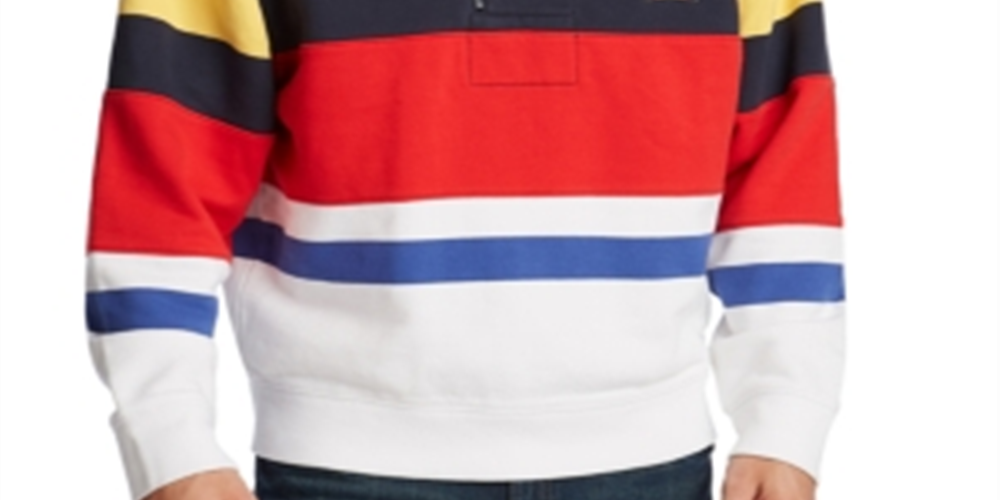 Moletom listrado masculino Nautica com gola alta e zíper de um quarto, azul, tamanho XX-G