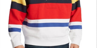 Moletom listrado masculino Nautica com gola alta e zíper de um quarto, azul, tamanho XX-G