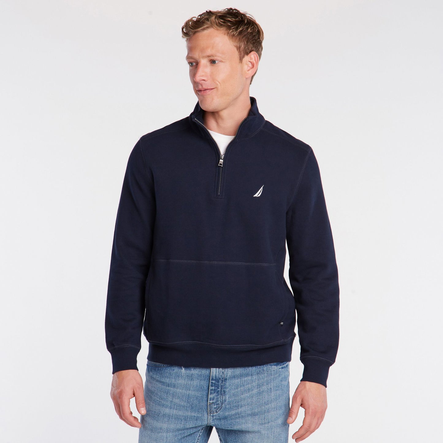 Pulôver de lã com zíper de um quarto grande e alto masculino Nautica, azul, tamanho 6XL