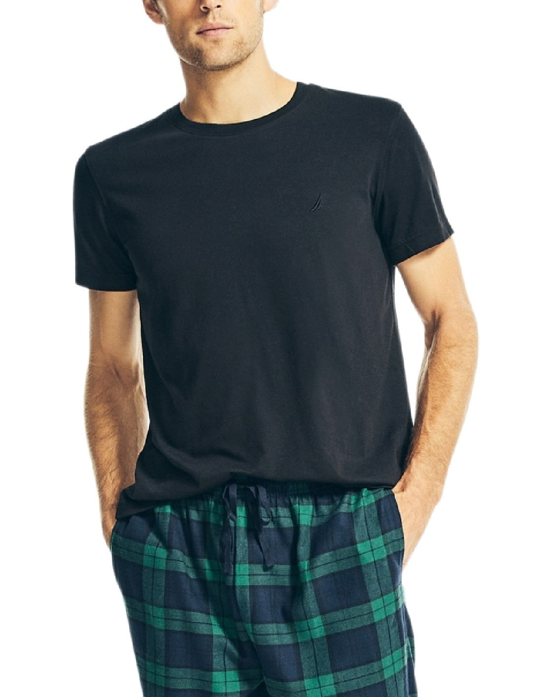 Conjunto de 2 peças de camiseta lisa clássica e calça de pijama de flanela xadrez masculina Nautica, tamanho médio, preto