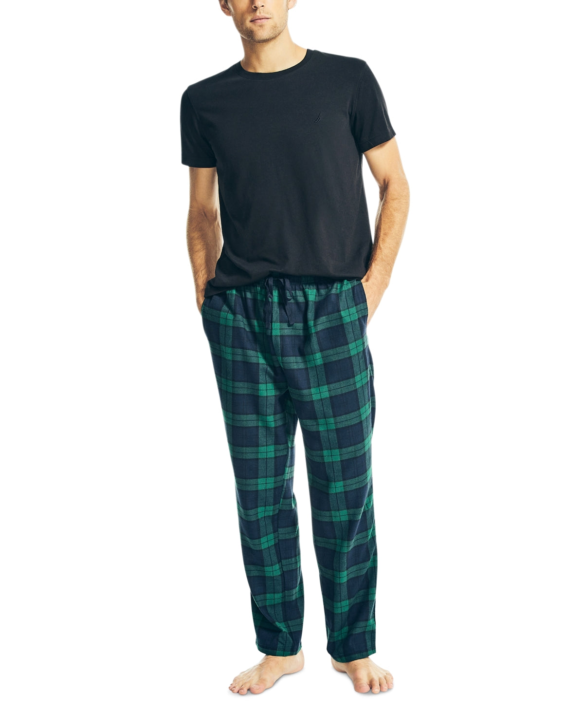 Conjunto de 2 peças de camiseta lisa clássica e calça de pijama de flanela xadrez masculina Nautica, tamanho médio, preto