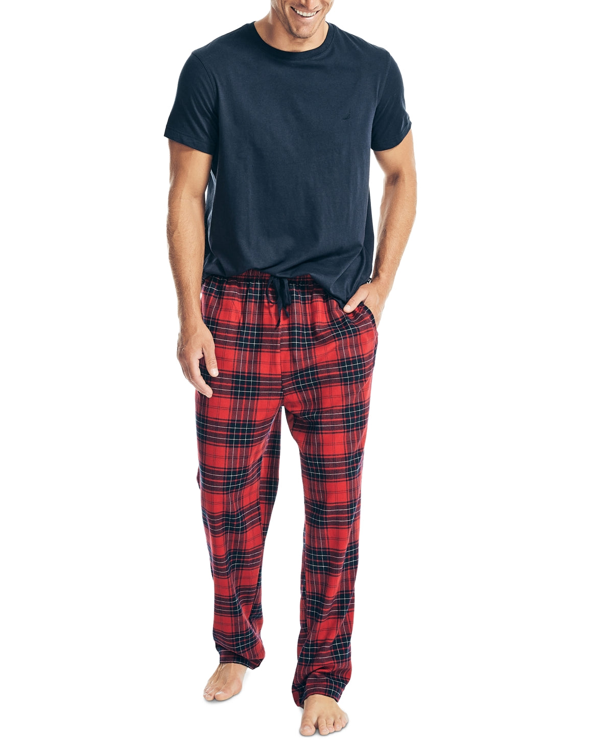 Conjunto de 2 peças de camiseta lisa clássica e calça de pijama de flanela xadrez masculina Nautica, tamanho azul médio