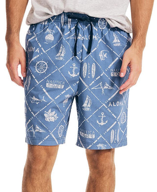 Shorts de dormir masculino Nautica Aloha Classic-Fit com estampa náutica em algodão, tamanho médio, azul