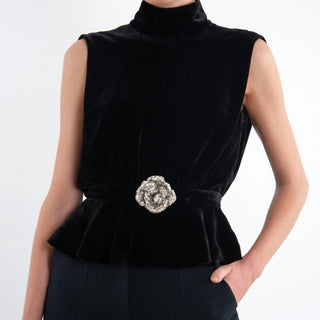 Saloni - Blusa de veludo peplum sem mangas