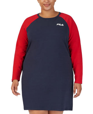 Vestido feminino Fila tipo A com manga raglan e blocos de cores, azul, tamanho 1X