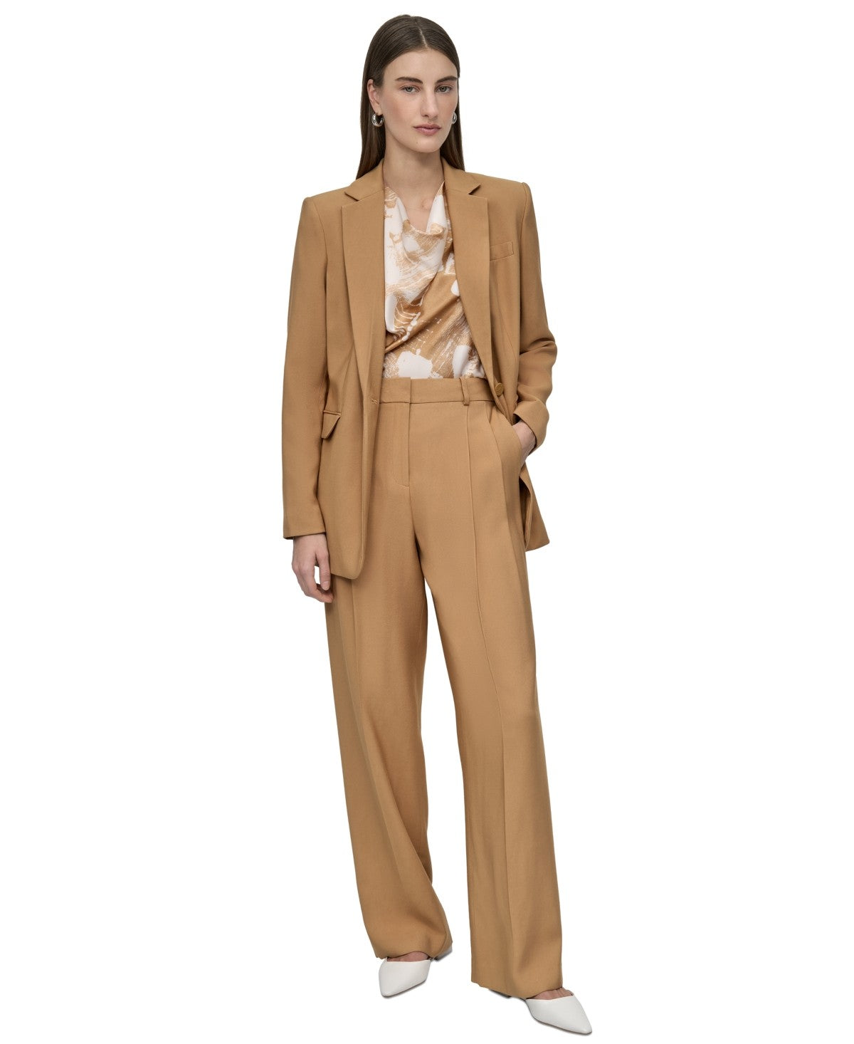DKNY Petite Long Sleeve One Button Blazer Whiskey