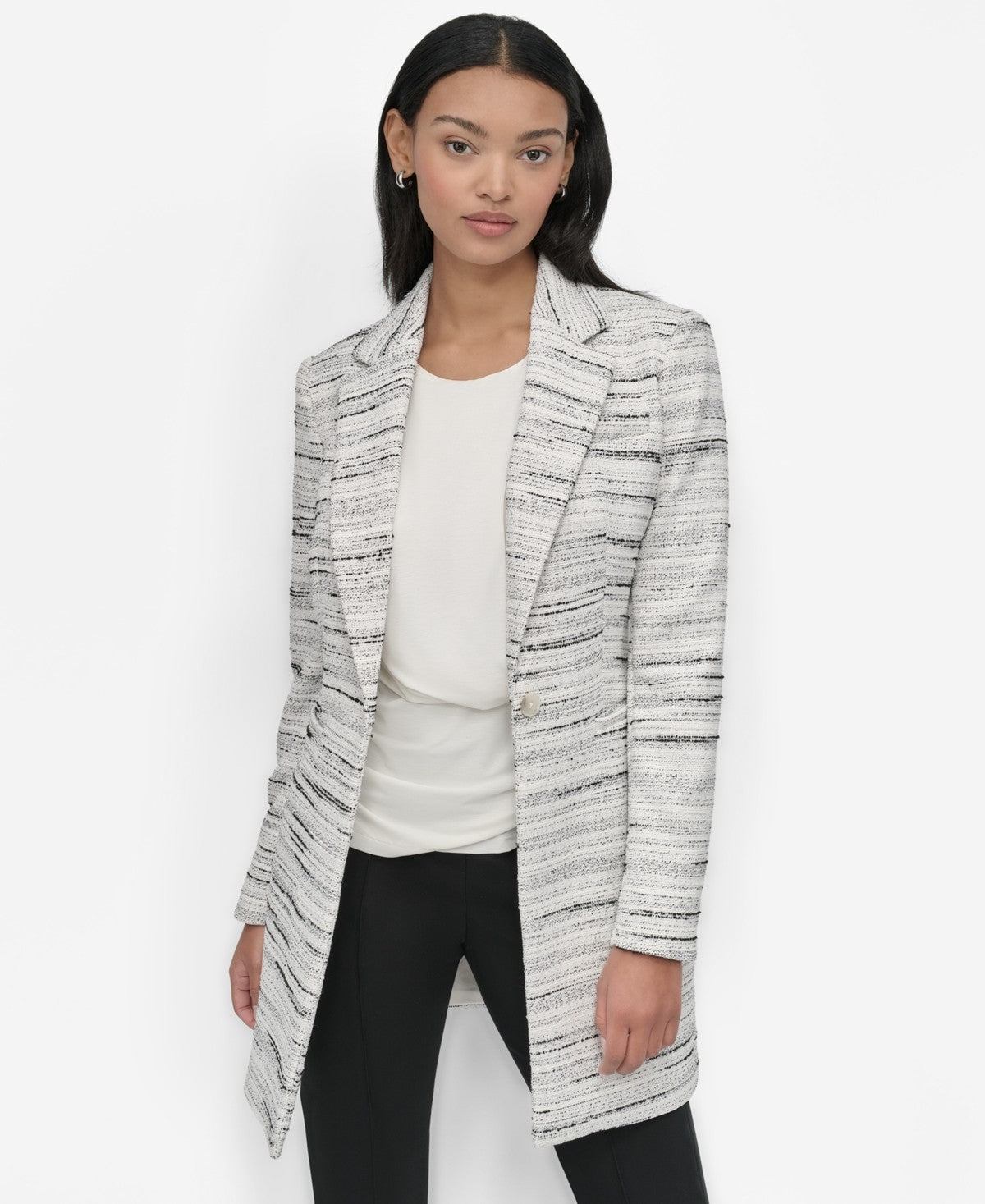DKNY Womens Tweed Notch Collar One Button Long Blazer Ivory Black