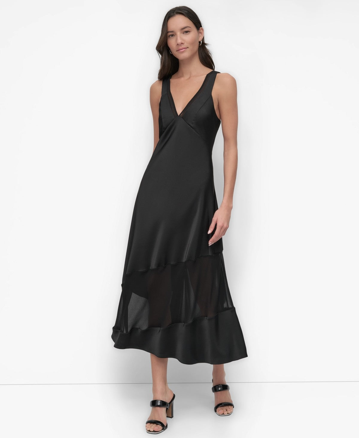 DKNY Womens Sleeveless V Neck Mesh Panel Midi Dress Black