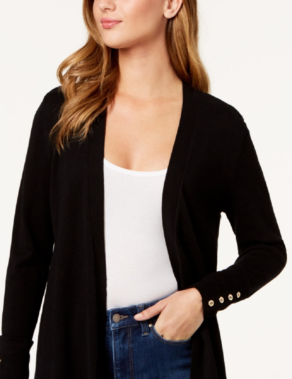Cardigan feminino Charter Club com frente aberta, preto, tamanho pequeno e grande