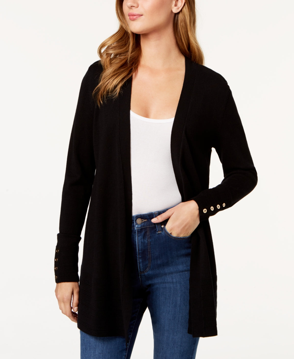 Cardigan feminino Charter Club com frente aberta, preto, tamanho pequeno e grande