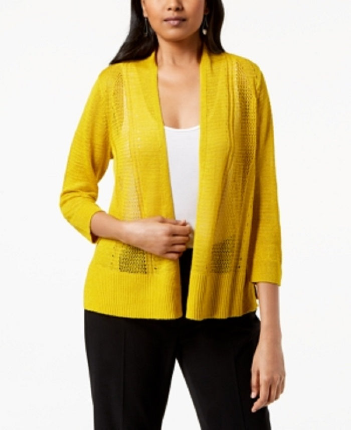 Cardigan Alfani Feminino com Frente Aberta e Pontos Mistos de Linho e Mangas Compridas, Amarelo, Tamanho Pequeno