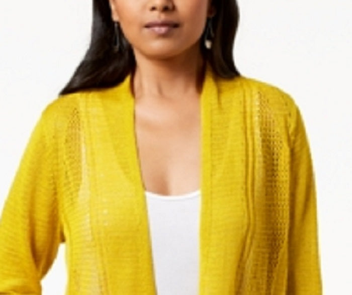 Cardigan Alfani Feminino com Frente Aberta e Pontos Mistos de Linho e Mangas Compridas, Amarelo, Tamanho Pequeno