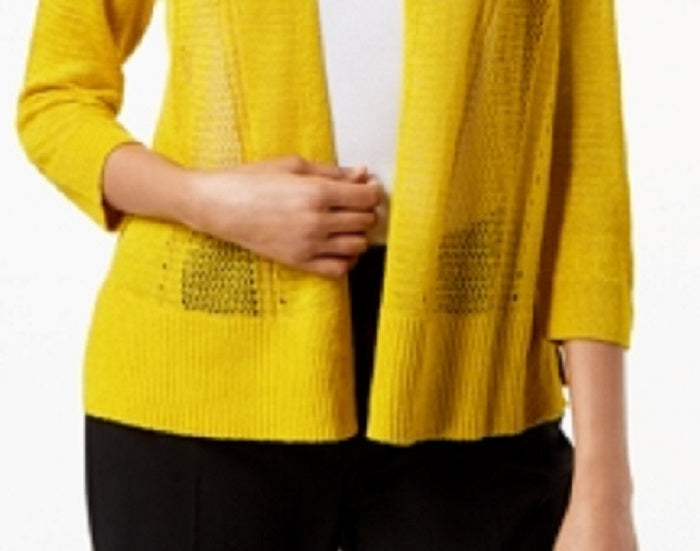 Cardigan Alfani Feminino com Frente Aberta e Pontos Mistos de Linho e Mangas Compridas, Amarelo, Tamanho Pequeno