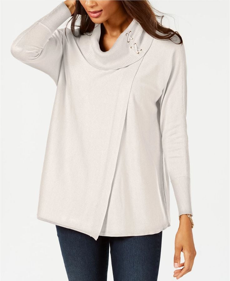 Suéter feminino JM Collection com gola alta e capuz, tamanho médio, branco