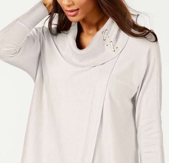 Suéter feminino JM Collection com gola alta e capuz, tamanho médio, branco