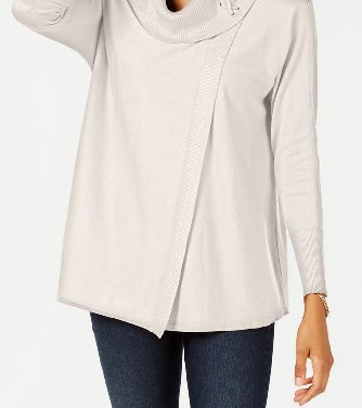 Suéter feminino JM Collection com gola alta e capuz, tamanho médio, branco