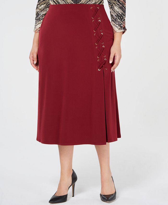 Saia feminina plus size com cadarço evasê JM Collection, preta, tamanho 3X