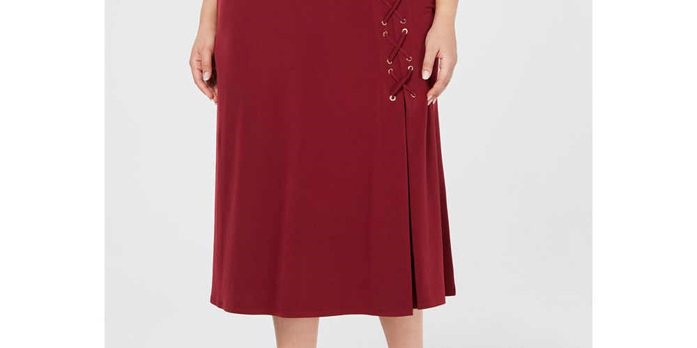 Saia feminina plus size com cadarço evasê JM Collection, preta, tamanho 3X