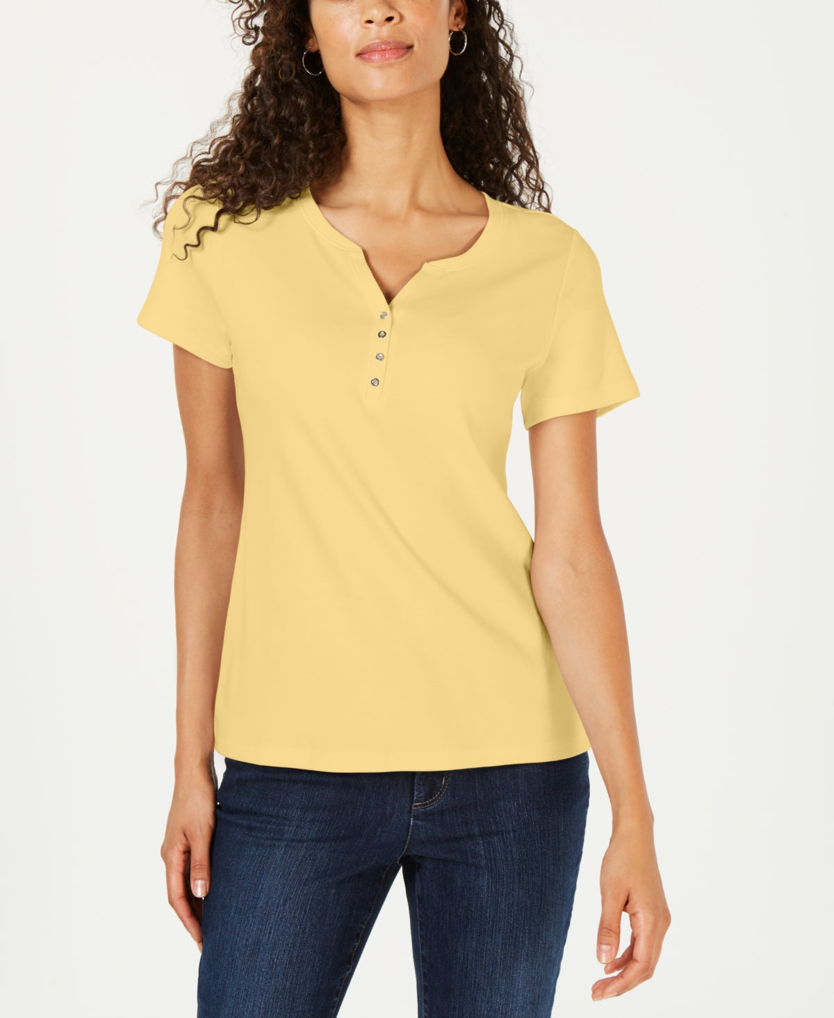 Karen Scott Top Henley de manga curta feminino, amarelo, tamanho médio