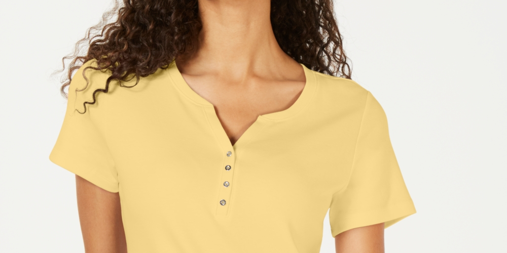 Karen Scott Top Henley de manga curta feminino, amarelo, tamanho médio
