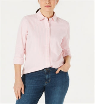 Charter Club Blusa feminina de manga comprida com botões, rosa, tamanho médio