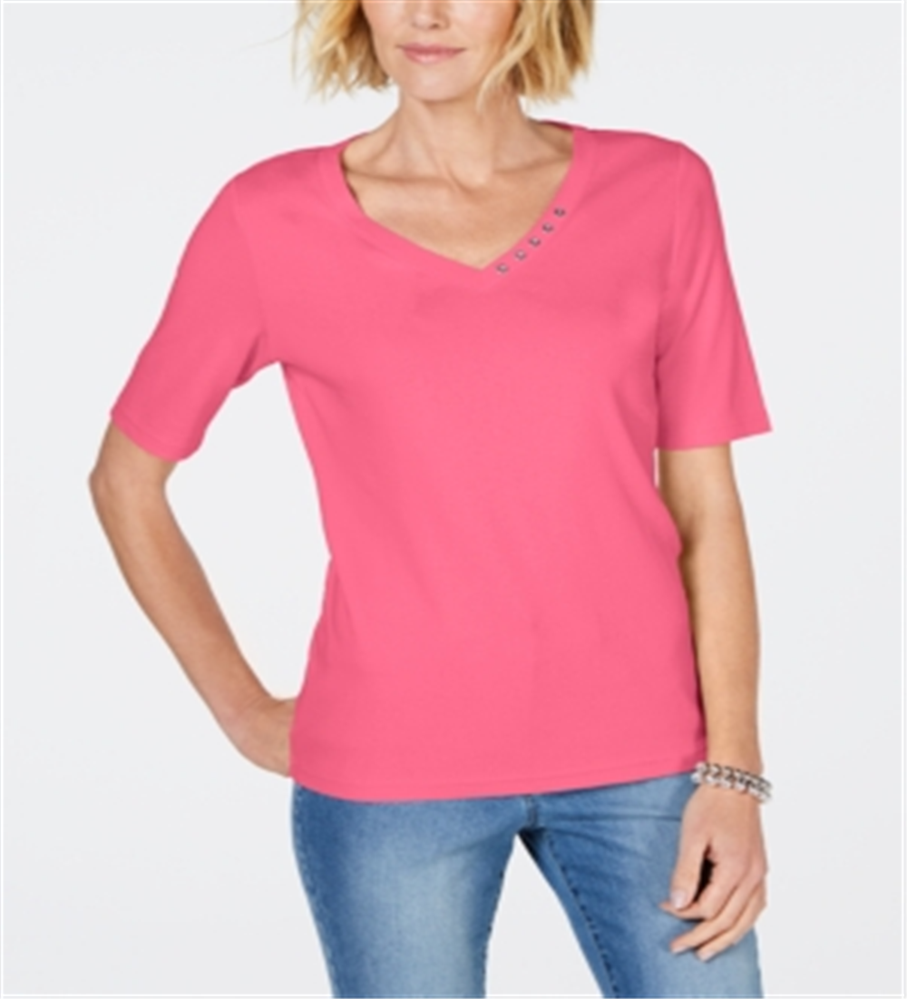 Camiseta feminina Karen Scott de algodão com decote em V, rosa, tamanho grande