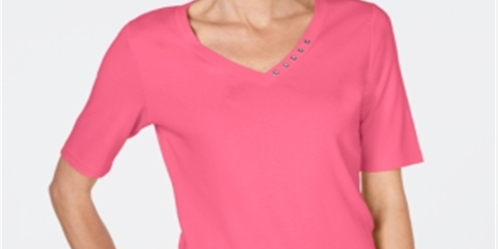 Camiseta feminina Karen Scott de algodão com decote em V, rosa, tamanho grande