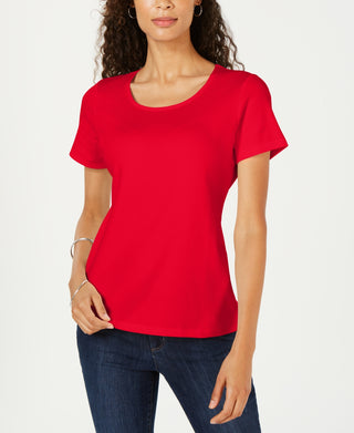 Karen Scott Blusa Feminina de Algodão com Decote Redondo, Vermelha, Tamanho Pequeno Médio