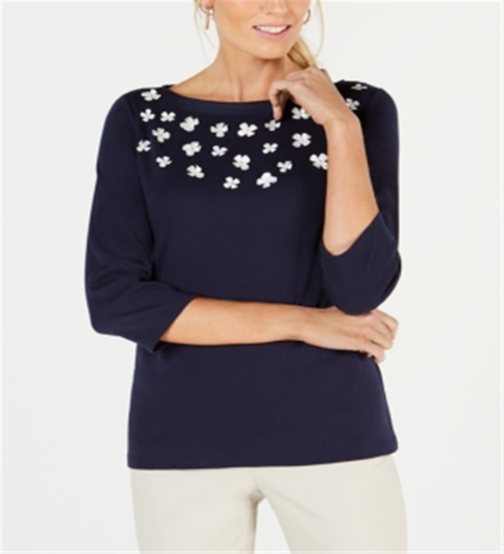 Blusa feminina Karen Scott de algodão com apliques florais, azul, tamanho médio