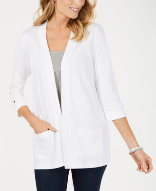 Karen Scott Cardigan feminino de algodão aconchegante, branco, tamanho pequeno grande
