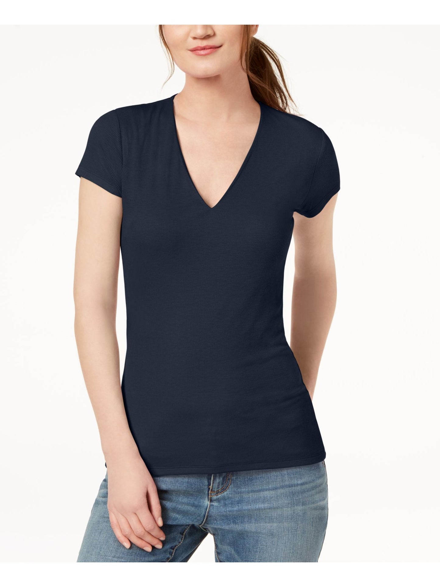Camiseta feminina azul marinho de manga curta e gola V, tamanho pequeno médio, da INC International Concepts