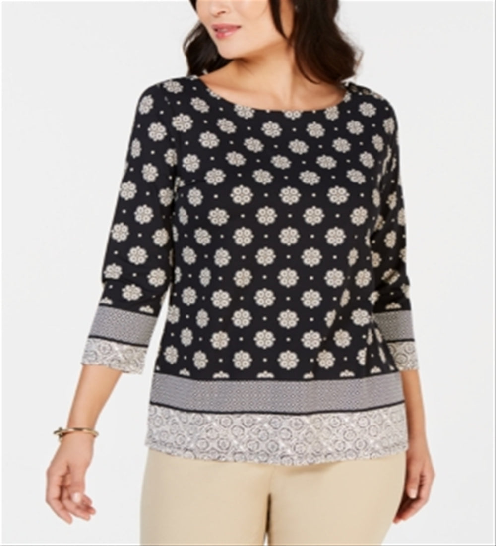 Top feminino com estampa de gola canoa Charter Club, preto, tamanho médio