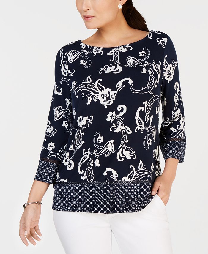 Charter Club Blusa feminina com decote canoa e estampa multicolorida, azul, tamanho grande