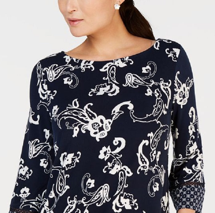 Charter Club Blusa feminina com decote canoa e estampa multicolorida, azul, tamanho grande