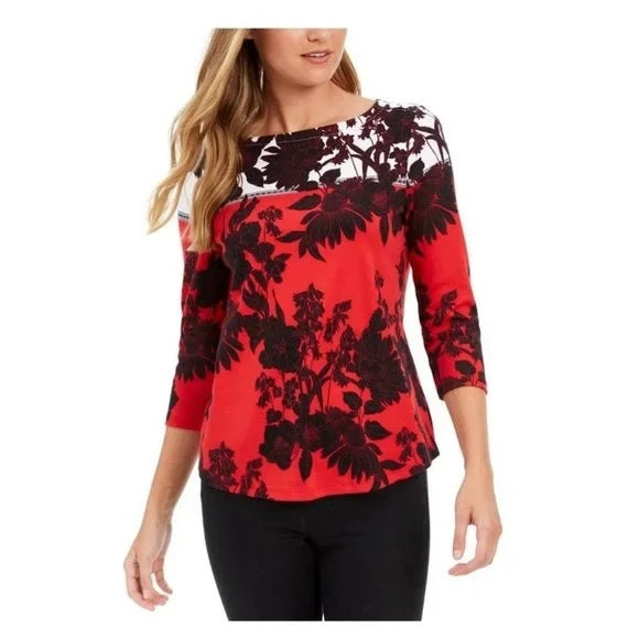 Blusa feminina Charter Club de algodão Pima com estampa floral, preta/vermelha, tamanho pequeno P