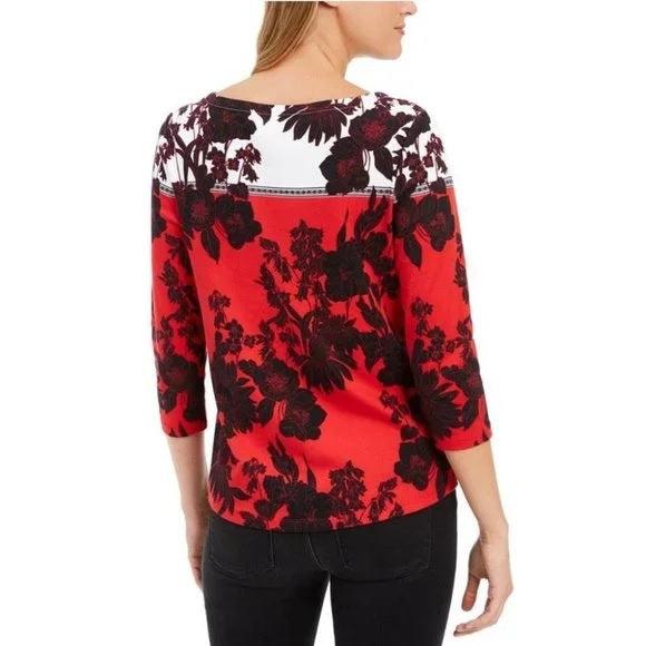Blusa feminina Charter Club de algodão Pima com estampa floral, preta/vermelha, tamanho pequeno P