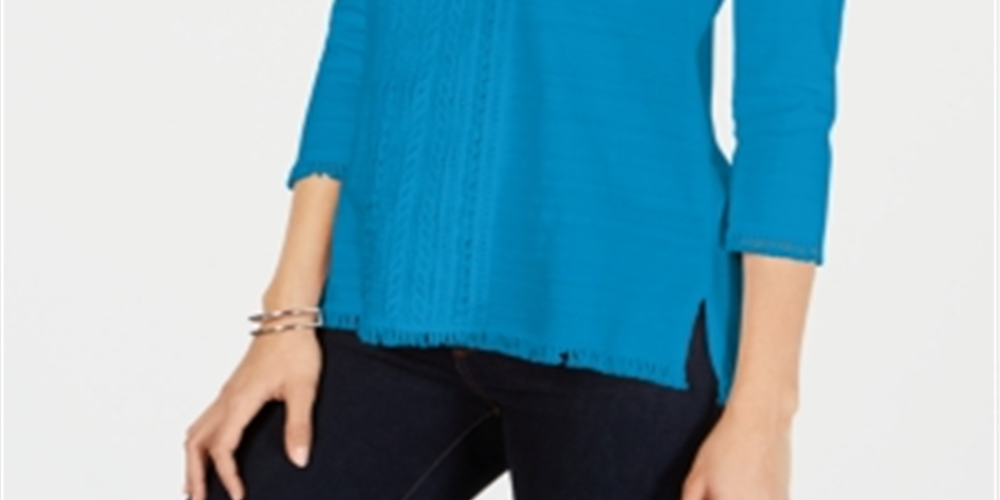 Top feminino Charter Club com acabamento em renda de algodão, azul, tamanho XX-G