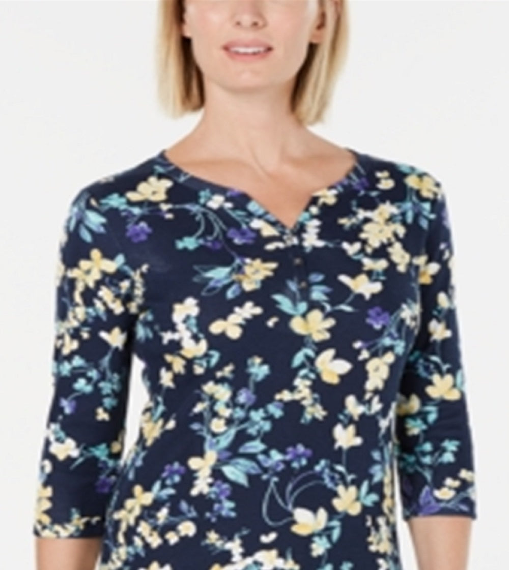 Karen Scott Blusa Henley Feminina de Algodão com Estampa Floral Azul Azul Tamanho Pequeno G