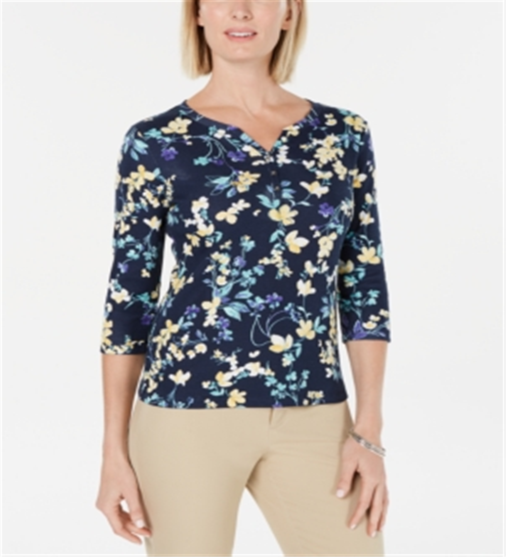 Karen Scott Blusa Henley Feminina de Algodão com Estampa Floral Azul Azul Tamanho Pequeno G